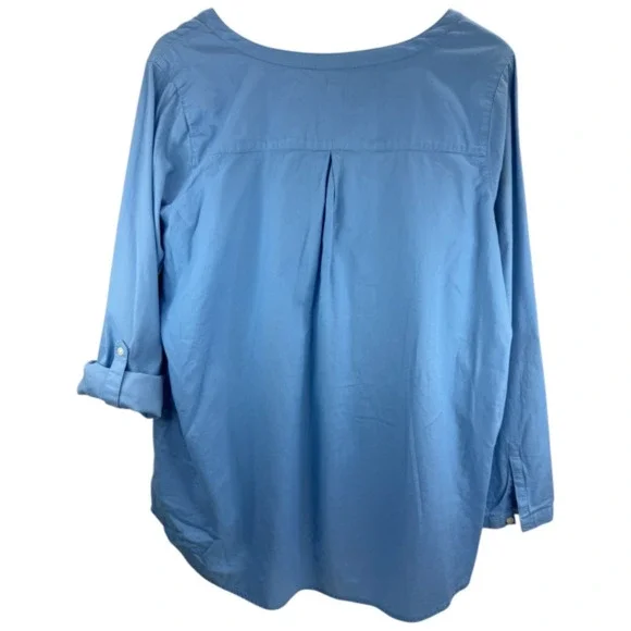 J Jill Blue Cotton Long Roll Up Sleeve V Neck Top Sz M Beachy Comfy Lagenlook - Picture 2 of 12